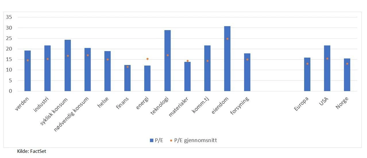 P/E fordelt per sektor og region: